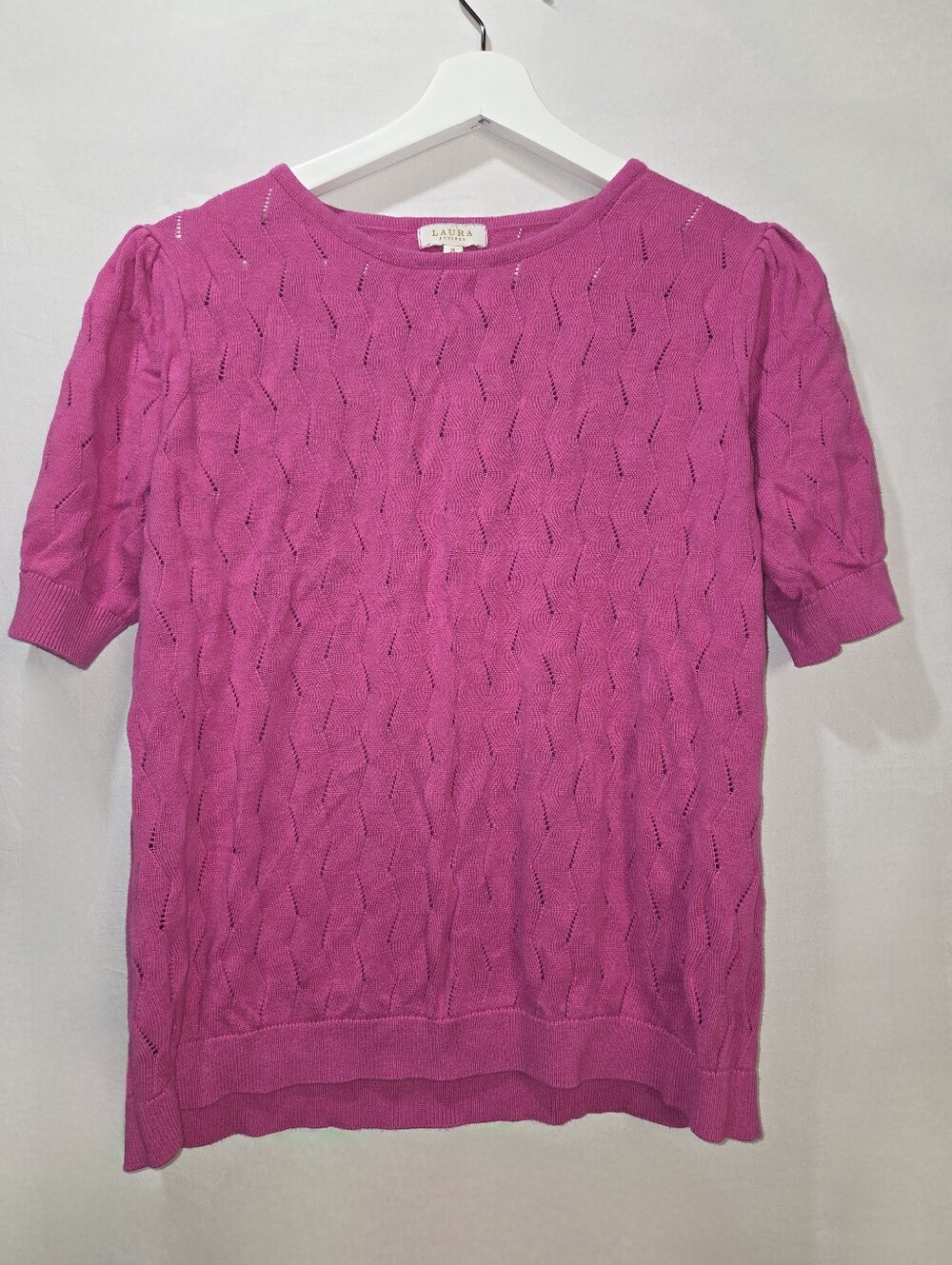Fuchsia Pink Short Sleeve Open Zigzag Knit Sweater - Size M - Laura Petites